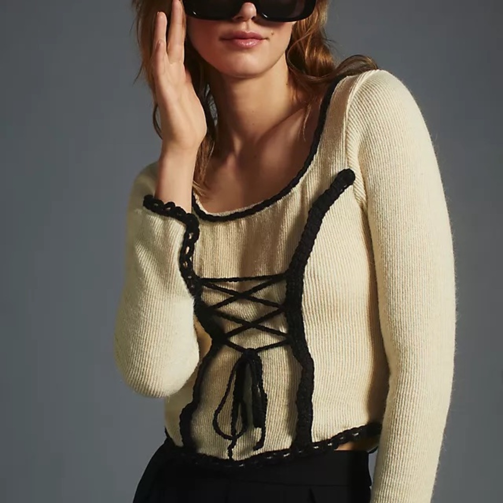 Tach Lace Up Cream Corset Coquette Sweater Large